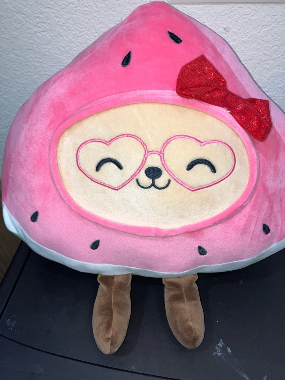 Pink Strawberry Plush Pillow with Heart Glasses and Red Bow